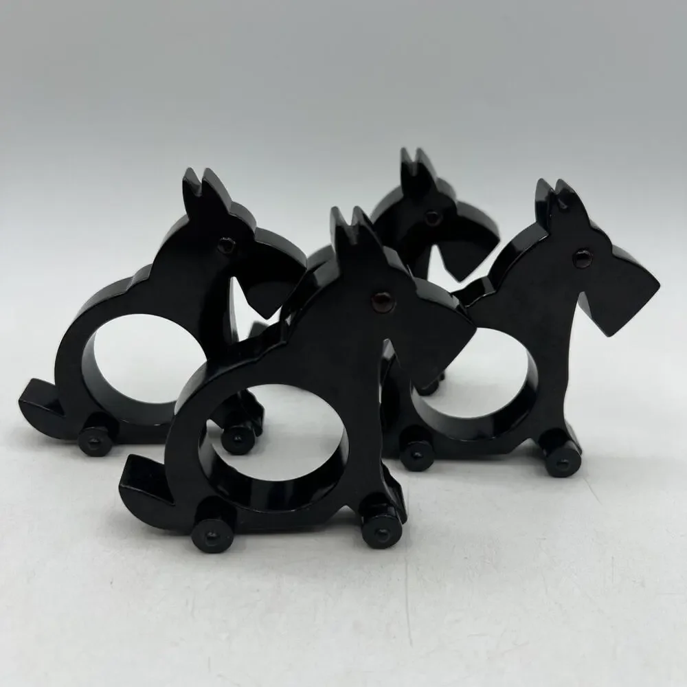 Set 4 Restoration Hardware Black Scottie Dog Napkin Ring Holders Red Eyes Wheels